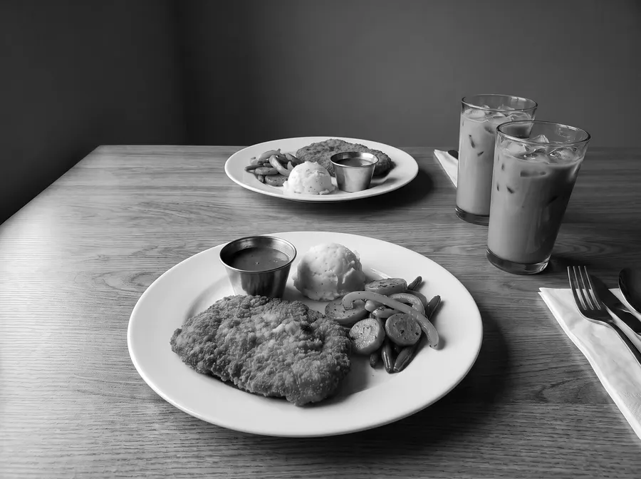 Breaded cutlet with gravy and iced coffee at Gold Eagle